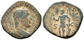 Filipo I. Sestercio. 248 d.C. Roma. (Spink-9007). (Ric-152). Rev.: P M TR P V COS III P P SC. Marte en pie a izquierda con rama y apoyado en un escudo...