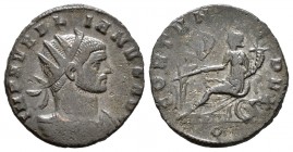 Aureliano. Antoniniano. 270-271 d.C. Mediolanum. (Spink-11539). (Ric-128). Rev.: FORTVN(A RE)DVX. Fortuna sentada a izquierda en carro con cuerno de l...