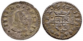 Felipe IV (1621-1665). 8 maravedís. 1662. Madrid. Y. (Cal 2019-359). Ae. 1,84 g. Marca de ceca bajo el escudo. MBC-. Est...20,00.