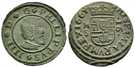 Felipe IV (1621-1665). 16 maravedís. 1664. Madrid. S. (Cal 2019-1405). (Jarabo-Sanahuja-M389). Ae. 4,40 g. La N de HISPANIARUM invertida en reverso. E...