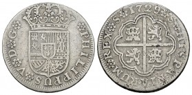 Felipe V (1700-1746). 2 reales. 1729. Sevilla. (Cal 2019-985). Ag. 5,53 g. Sin marca de ceca, ensayador ni valor. BC. Est...20,00.