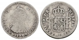 Carlos IV (1788-1808). 1 real. 1790. Potosí. PR. (Cal 2019). Ag. 3,08 g. Busto de Carlos III y ordinal IV. Escasa. BC-/BC. Est...30,00.