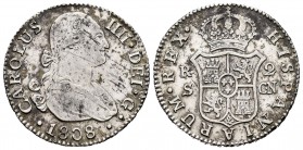 Carlos IV (1788-1808). 2 reales. 1808. Sevilla. CN. (Cal 2019-728). Ag. 5,95 g. Leves rayitas y suciedad. MBC+. Est...60,00.