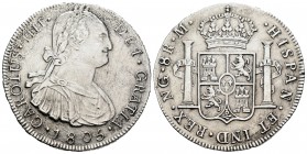 Carlos IV (1788-1808). 8 reales. 1805. Guatemala. M. (Cal 2019-899). Ag. 25,81 g. Oxidaciones marinas. Limpiada. MBC. Est...80,00.