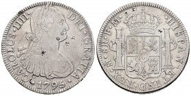 Carlos IV (1788-1808). 8 reales. 1795. México. FM. (Cal 2019-958). Ag. 26,69 g. Resellos orientales. Grafiti detrás edl busto. MBC-. Est...60,00.