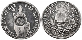 Fernando VII (1808-1833). 8 reales. 1832. Lima. MM. (Cal 2019-1305). Ag. 26,67 g. Resello falso de F.7º coronado para circular en Manila. MBC. Est...2...