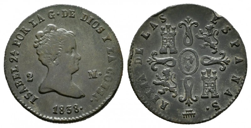 Isabel II (1833-1868). 2 maravedís. 1838. Segovia. (Cal-49). Ae. 2,11 g. Golpes ...