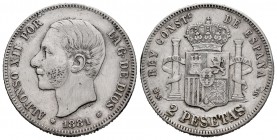 Alfonso XII (1874-1885). 2 pesetas. 1881*18-81. Madrid. MSM. (Cal 2019-28). Ag. 10,02 g. Limpiada. MBC-. Est...30,00.