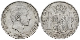 Alfonso XII (1874-1885). 50 centavos. 1881. Manila. (Cal 2019-114). Ag. 12,82 g. Golpecitos en el canto. MBC/MBC+. Est...50,00.