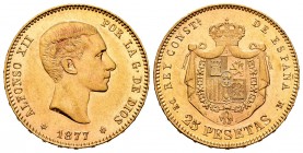 Alfonso XII (1874-1885). 25 pesetas. 1877*18-77. Madrid. DEM. (Cal-68). Au. 8,06 g. EBC. Est...300,00.