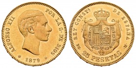 Alfonso XII (1874-1885). 25 pesetas. 1879*18-79. Madrid. EMM. (Cal-74). Au. 8,08 g. EBC. Est...300,00.
