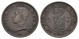 Alfonso XIII (1886-1931). 1 céntimo. 1911*1. Madrid. PCV. (Cal-3). Ae. 1,07 g. MBC. Est...35,00.