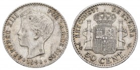 Alfonso XIII (1886-1931). 50 céntimos. 1896*9-6. Madrid. PGV. (Cal 2019-44). Ag. 2,51 g. MBC. Est...40,00.