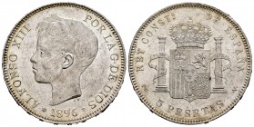 Alfonso XIII (1886-1931). 5 pesetas. 1896*18-96. Madrid. PGV. (Cal 2019-106). Ag. 25,06 g. Golpecitos y rayitas. EBC-. Est...80,00.