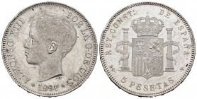 Alfonso XIII (1886-1931). 5 pesetas. 1897*18-97. Madrid. SGV. (Cal 2019-107). Ag. 25,00 g. Golpes en el canto. EBC. Est...80,00.