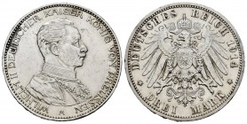 Alemania. Prussia. Wilhelm II. 3 marcos. 1914. Berlín. A. (Km-536). Ag. 16,65 g. Liegramente limpiada. EBC-/EBC. Est...25,00.