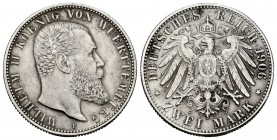 Alemania. Wurttemberg. Wilhelm II. 2 marcos. 1901. Freudenstadt. F. (Km-631). Ag. 10,95 g. MBC+. Est...25,00.