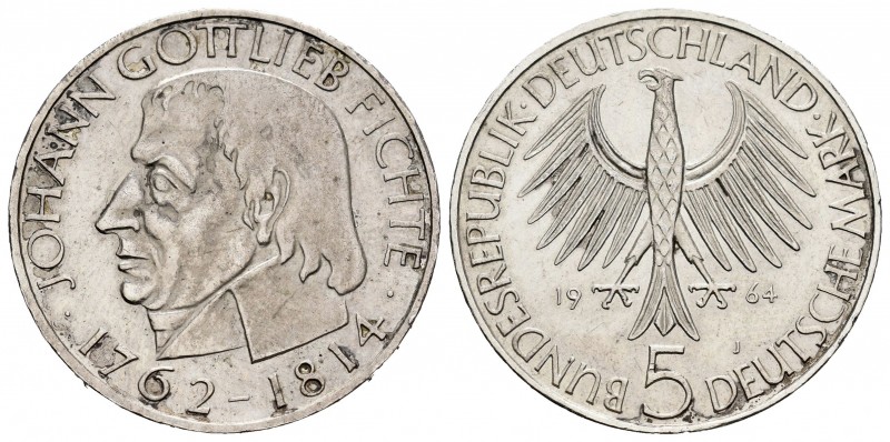 Alemania. 5 marcos. 1964. J. (Km-118.1). Ag. 11,12 g. 150 aniversario muerte Joh...