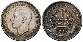 Australia. Jorge VI. 1 corona. 1938. Melbourne. (Km-34). Ag. 28,21 g. Bonita pátina. Escasa. EBC+. Est...90,00.