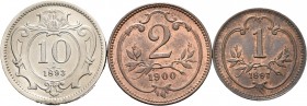 Austria. Franz Joseph I. Serie de 1, 2 y 10 heller de los años 1897, 1900 y 1893. A EXAMINAR. EBC/EBC+. Est...40,00.