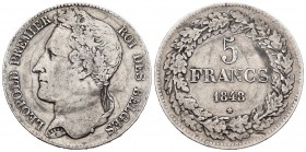 Bélgica. Leopoldo I. 5 francos. 1848. Bruselas. (Km-19/11). Ag. 24,63 g. MBC-. Est...50,00.