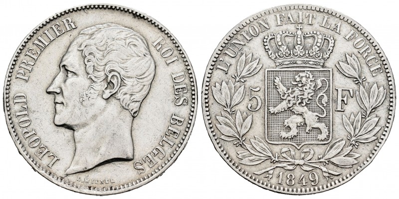 Bélgica. Leopold I. 5 francos. 1849. (Km-17). Ag. 24,87 g. Limpiada. MBC. Est......