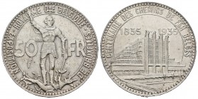 Bélgica. Leopoldo III. 50 francos. 1935. (Km-106.1). Ag. 22,01 g. Centenario del ferrocarril y Exposición de Bruselas. Leyenda francesa. EBC. Est...65...