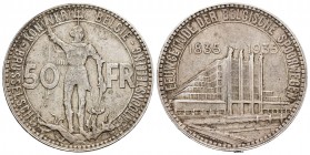 Bélgica. Leopoldo III. 50 francos. 1935. (Km-107.1). Ag. 21,98 g. Exposición de Bruselas. Centenario del ferrocarril. MBC+. Est...65,00.