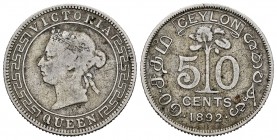 Ceylan. Victoria. 50 cents. 1853. (Km-96). Ag. 5,65 g. MBC-. Est...10,00.