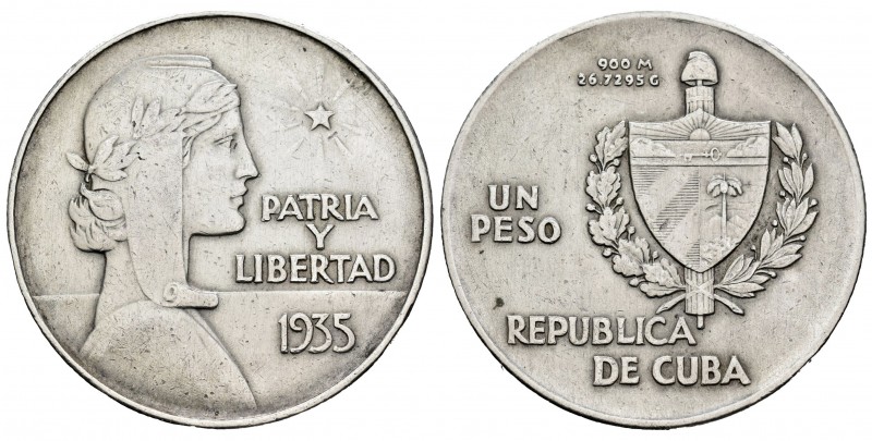 Cuba. 1 peso. 1935. (Km-22). Ag. 26,66 g. Golpecitos en el canto. MBC+. Est...40...