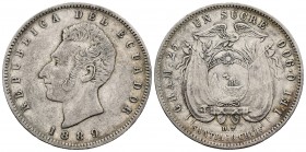 Ecuador. 1 sucre. 1889. Santiago. DT. (Km-53.2). Ag. 24,74 g. MBC. Est...40,00.