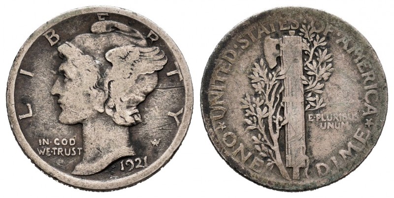 Estados Unidos. 1 dime. 1921. Philadelphia. (Km-140). Ag. 2,40 g. Escasa. BC+. E...