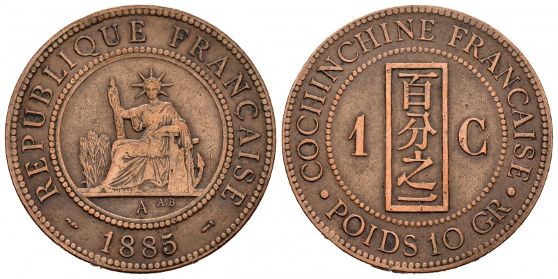 Francia. Conchinchina. 1 cent. 1885. París. A. (Km-3). Ae. 9,96 g. MBC-. Est...3...