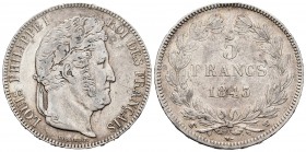 Francia. Louis Philippe I. 5 francos. 1843. (Km-749.13). (Gad-678). Ag. 25,01 g. Golpe en el canto. MBC. Est...50,00.