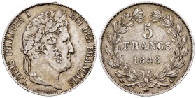 Francia. Louis Philippe I. 5 francos. 1848. París. A. (Km-749.1). (Gad-678a). Ag. 24,87 g. Golpecito en el canto. MBC+. Est...30,00.