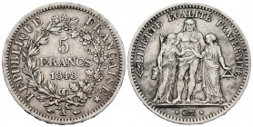 Francia. II República. 5 francos. 1848. París. A. (Km-756.1). (Gad-683). Ag. 24,92 g. MBC. Est...25,00.