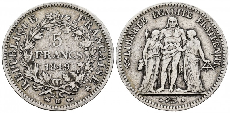 Francia. II República. 5 francos. 1849. Estrasburgo. BB. (Km-756.2). (Gad-653). ...