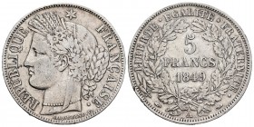 Francia. II República. 5 francos. 1849. París. A. (Km-761.1). (Gad-719). Ag. 24,79 g. Alabeada. MBC-. Est...25,00.