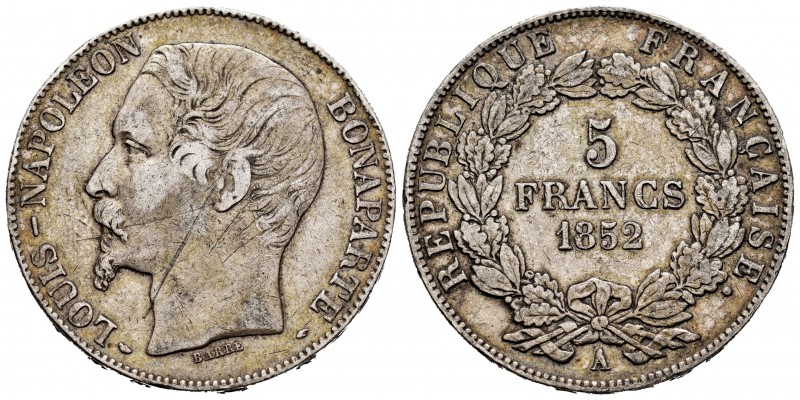 Francia. Napoleón III. 5 francos. 1852. París. A. (Km-773.1). (Gad-726). Ag. 24,...