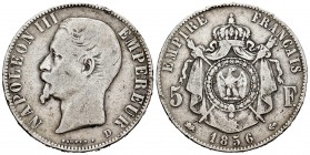 Francia. Napoleón III. 5 francos. 1856. Lyon. D. (Km-782.3). (Gad-734). Ag. 24,53 g. BC-/BC. Est...18,00.