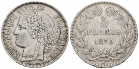 Francia. III República. 5 francos. 1870. Burdeos. K. (Km-818.2). (Gad-742). Ag. 24,90 g. Golpes en el canto. MBC+. Est...35,00.