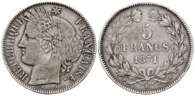 Francia. III República. 5 francos. 1871. Burdeos. K. (Km-818.2). (Gad-742). Ag. 24,64 g. Escasa. MBC-. Est...50,00.