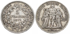 Francia. III República. 5 francos. 1877. Burdeos. K. (Km-820). (Gad-754a). Ag. 24,74 g. MBC-. Est...25,00.