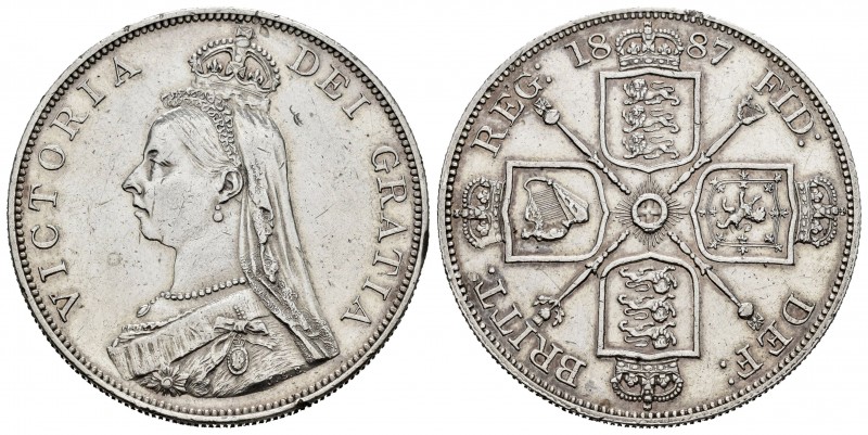 Gran Bretaña. Victoria. Doble florín. 1887. (Km-763). (S-4036). Ag. 22,59 g. Gol...