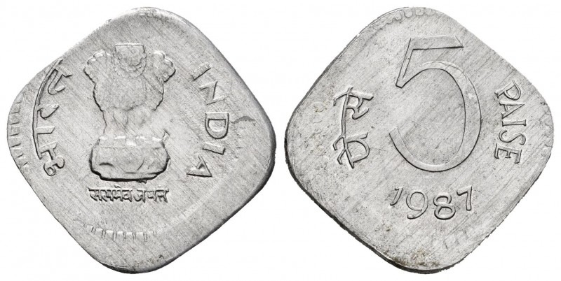India. 5 paise. 1987. (Km-23a variante). Al. 1,03 g. Acuñación desplazada. MBC+....