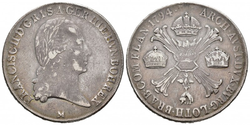 Italia. Franz II. Kronenthaler. 1794. Milán. M. (Km-59.1). Ag. 29,04 g.  Resto d...