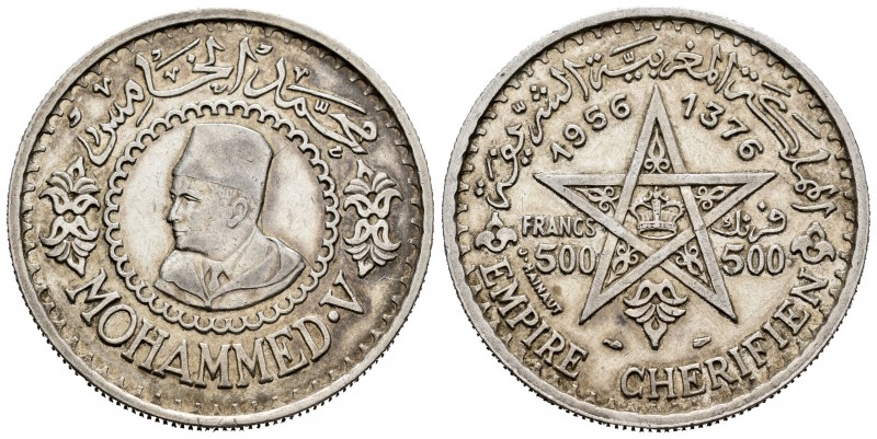 Marruecos. Mohamad V. 500 francos. 1376 H-1956. (Km-Y54). Ag. 22,45 g. EBC-. Est...