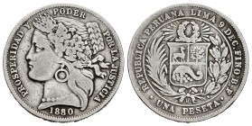 Perú. 1 peseta. 1880. (Km-200.1). Ag. 4,74 g. BC+. Est...10,00.