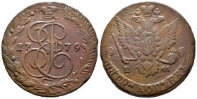 Rusia. Catherine II. 5 kopecks. 1779. Ekaterinburg. (Km-C59.3). (Bitkin-630). Ae. 45,74 g. MBC. Est...25,00.