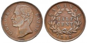 Sarawak. James Brooke. 1/2 cent. 1870. (Km-5). Ae. 4,61 g. Golpe en el canto. MBC-. Est...20,00.